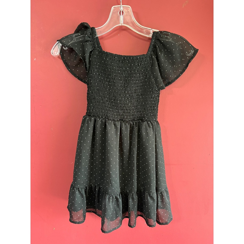 Cat & Jack Girls Black Polka Dot Smocked Flutter Sleeve Dress Small 6/7